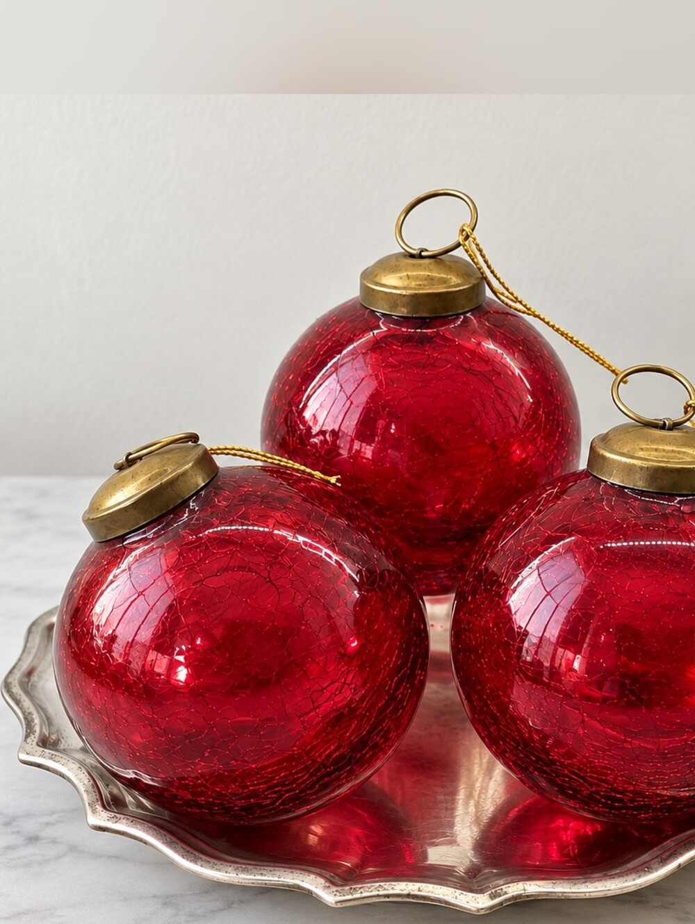 Restoration Hardware Red Crackle Glass Christmas Ball Ornaments 3" Set of 3